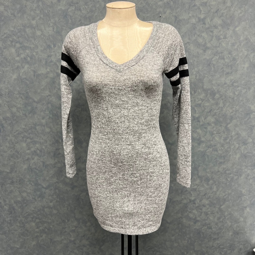 Almost Famous Bodycon Dress Long Sleeve Striped Casual Heather Gray Small